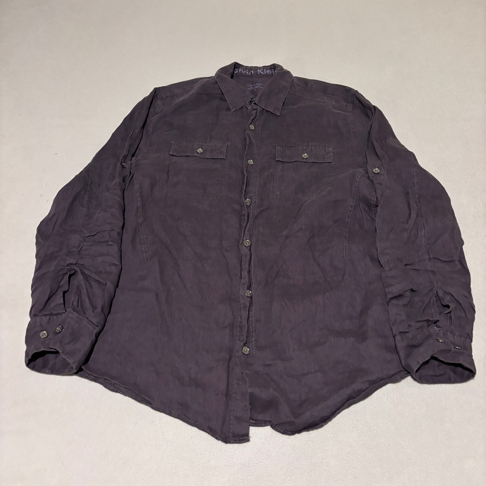 Calvin Klein 100% Linen Roll Tab Sleeve Button Down Shirt Women Medium Coastal